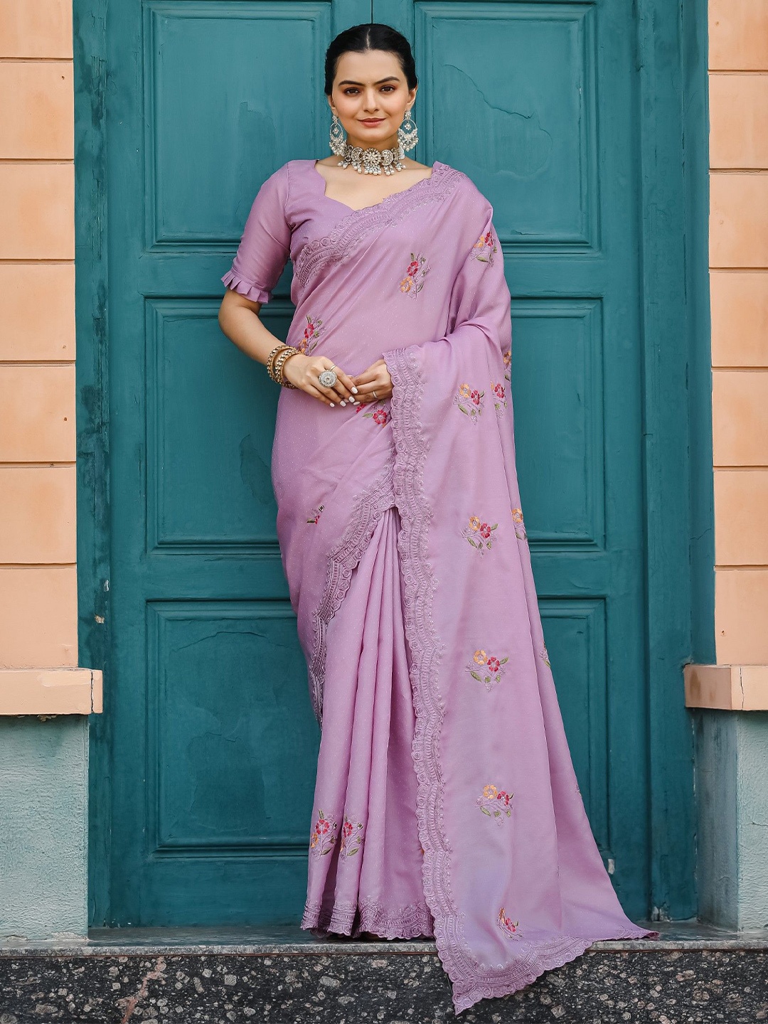 

Mitera Floral Embroidered Tussar Saree, Purple