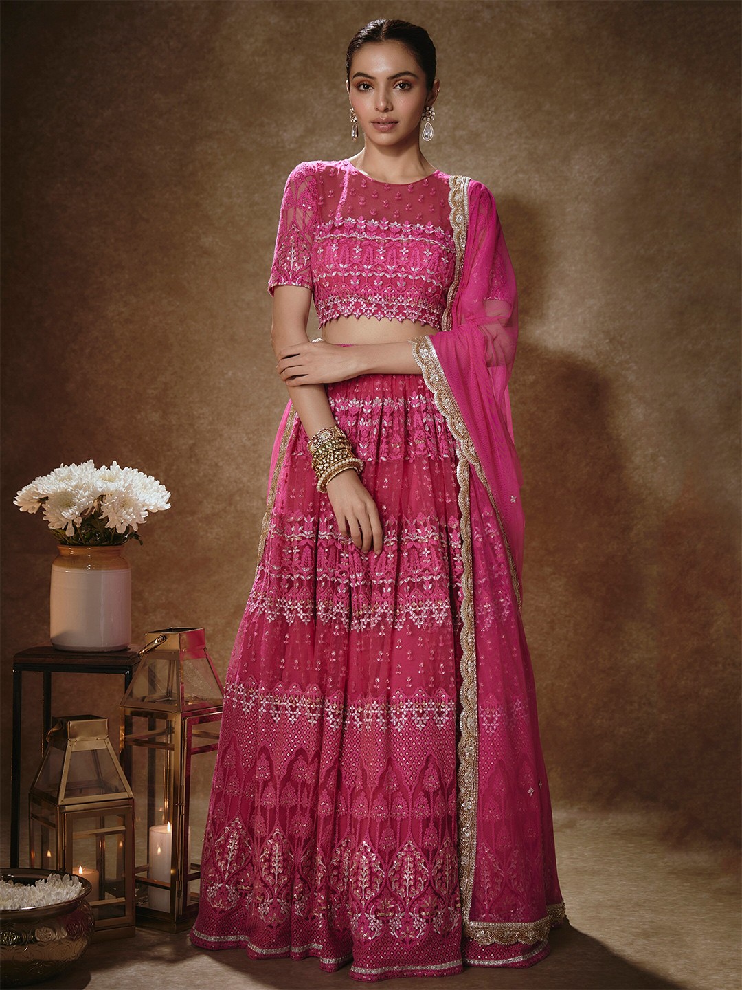 

Renee Label Embroidered Ready to Wear Lehenga & Blouse With Dupatta, Pink