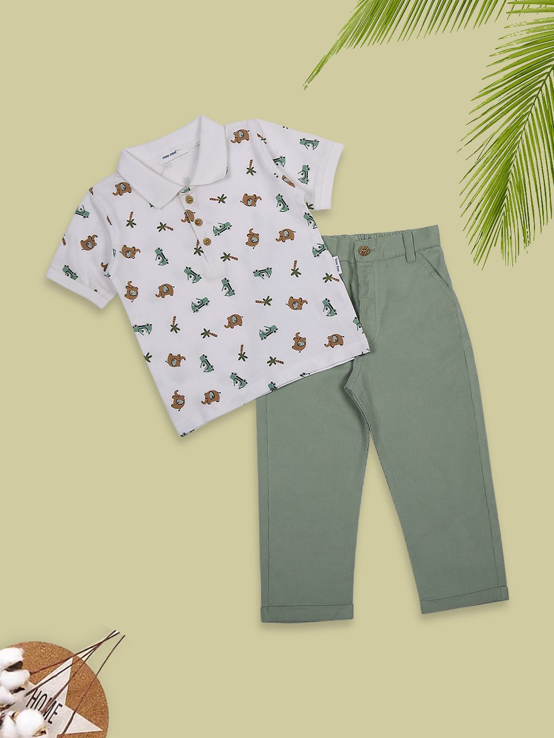 

MeeMee Boys Printed Cotton T-shirt and Trousers Clothing Set, Green