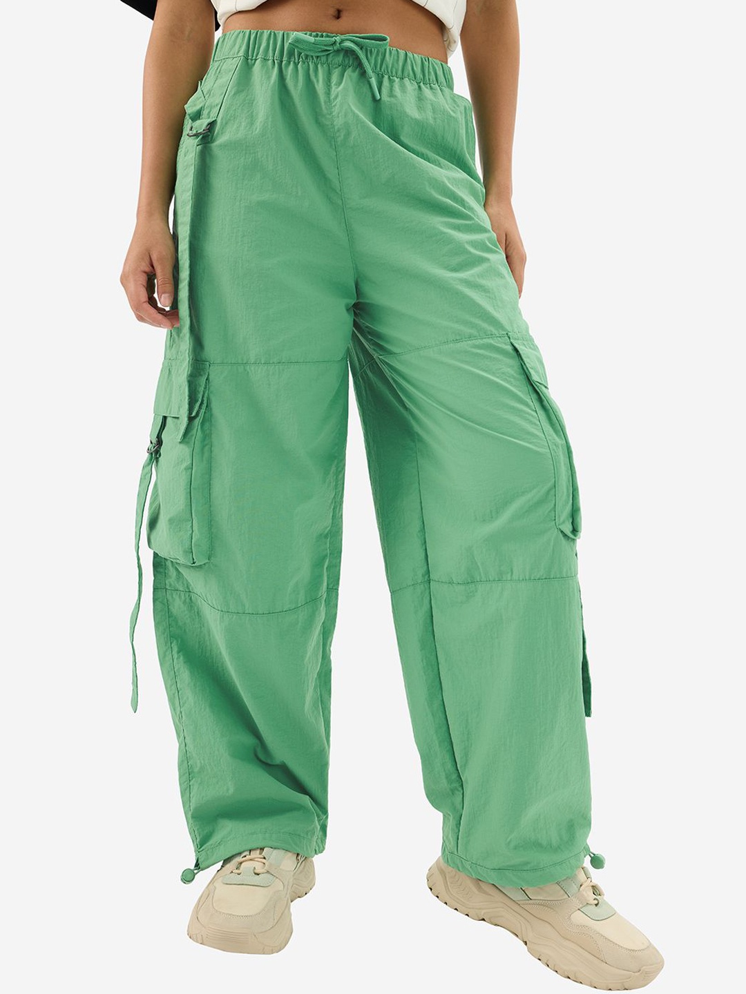 

The Souled Store Women Loose Fit Cargos Parachute Trousers, Green