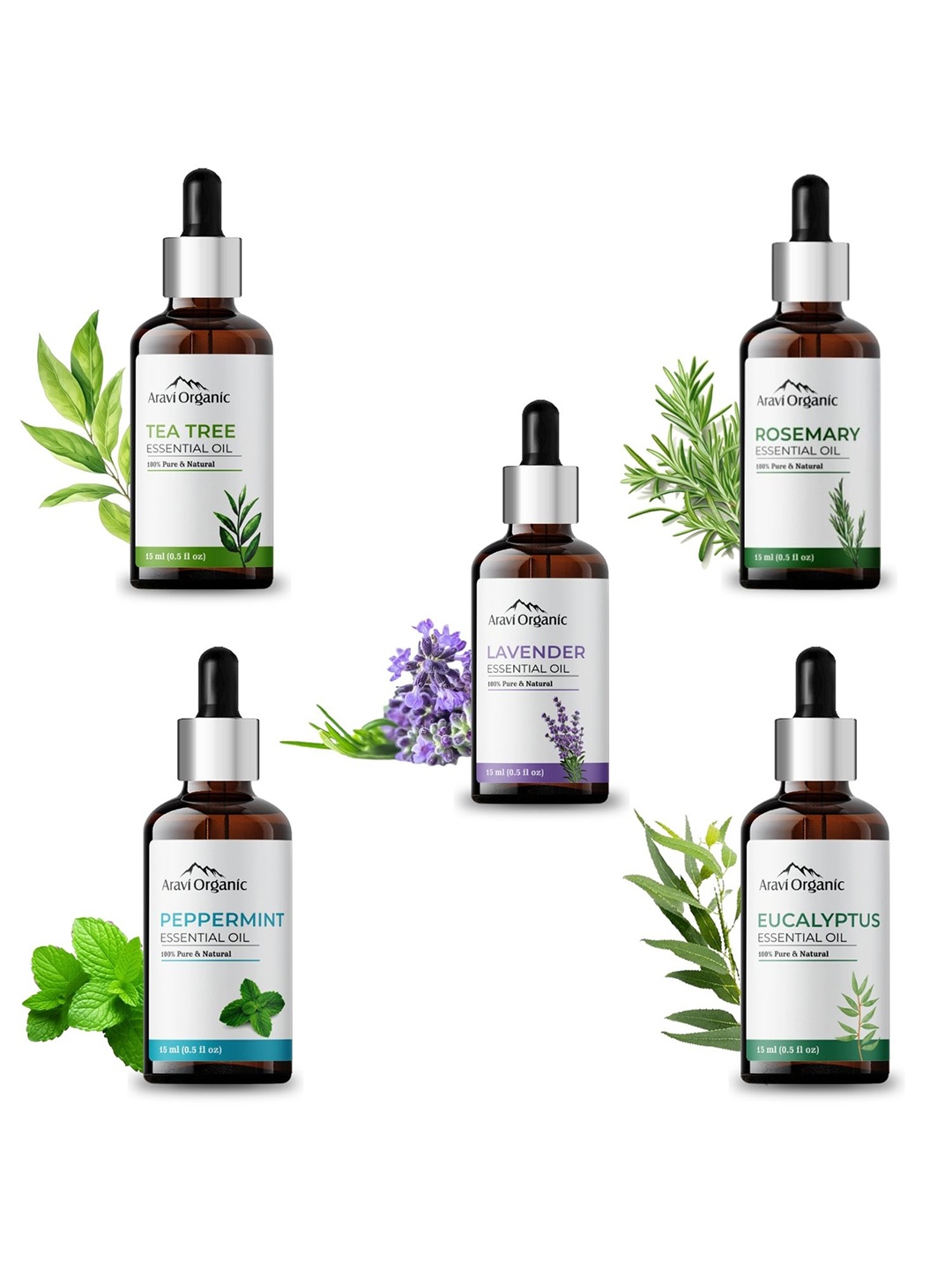 

Aravi Organic Set of 5 Rosemary, Lavender, Tea Tree, Eucalyptus & Peppermint Essential Oil, White