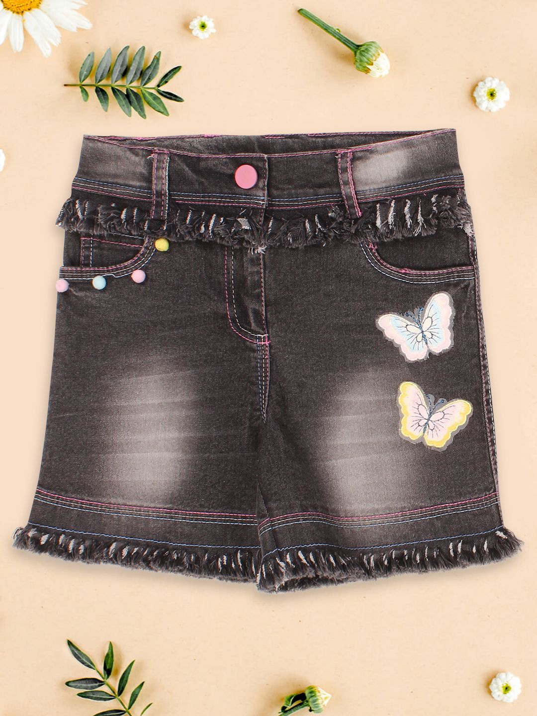 

CUTECUMBER Girls Embellished Denim Shorts, Black