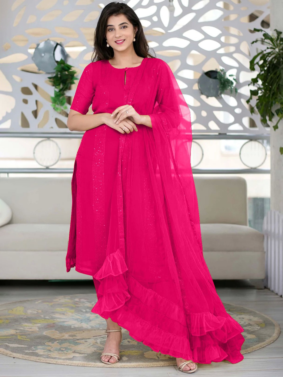 

KALINI Keyhole Neck Pleated Sequinned Straight Kurta With Trousers & Dupatta, Pink