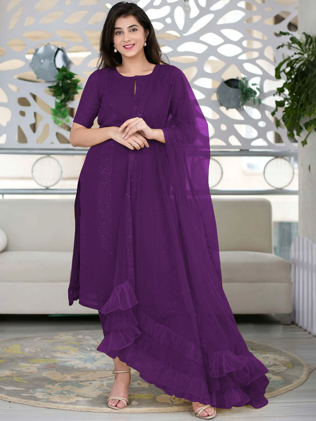 

KALINI Keyhole Neck Sequinned Pleated Straight Kurta With Trousers & Dupatta, Purple