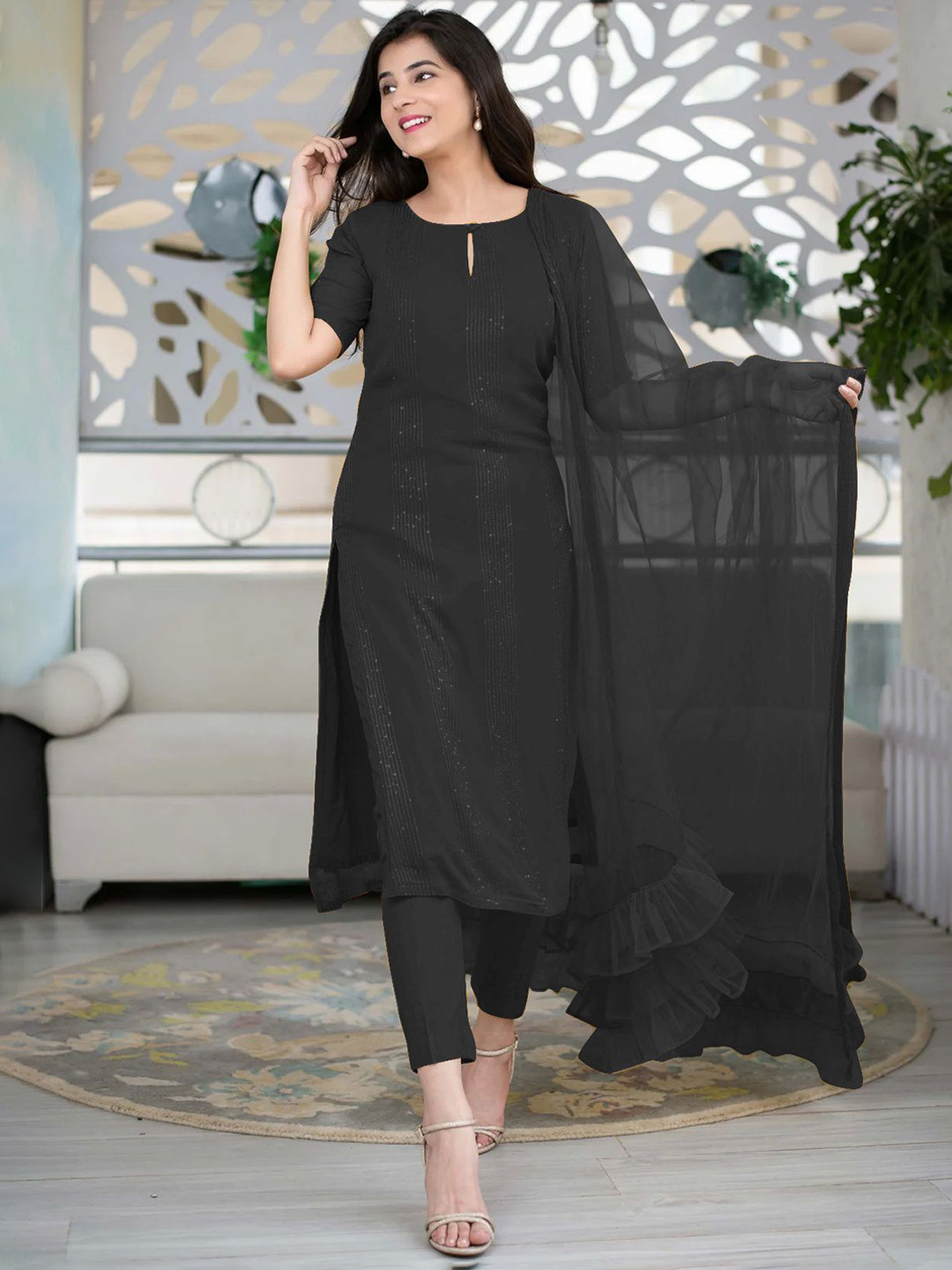 

KALINI Keyhole Neck Pleated Sequinned Straight Kurta With Trousers & Dupatta, Black