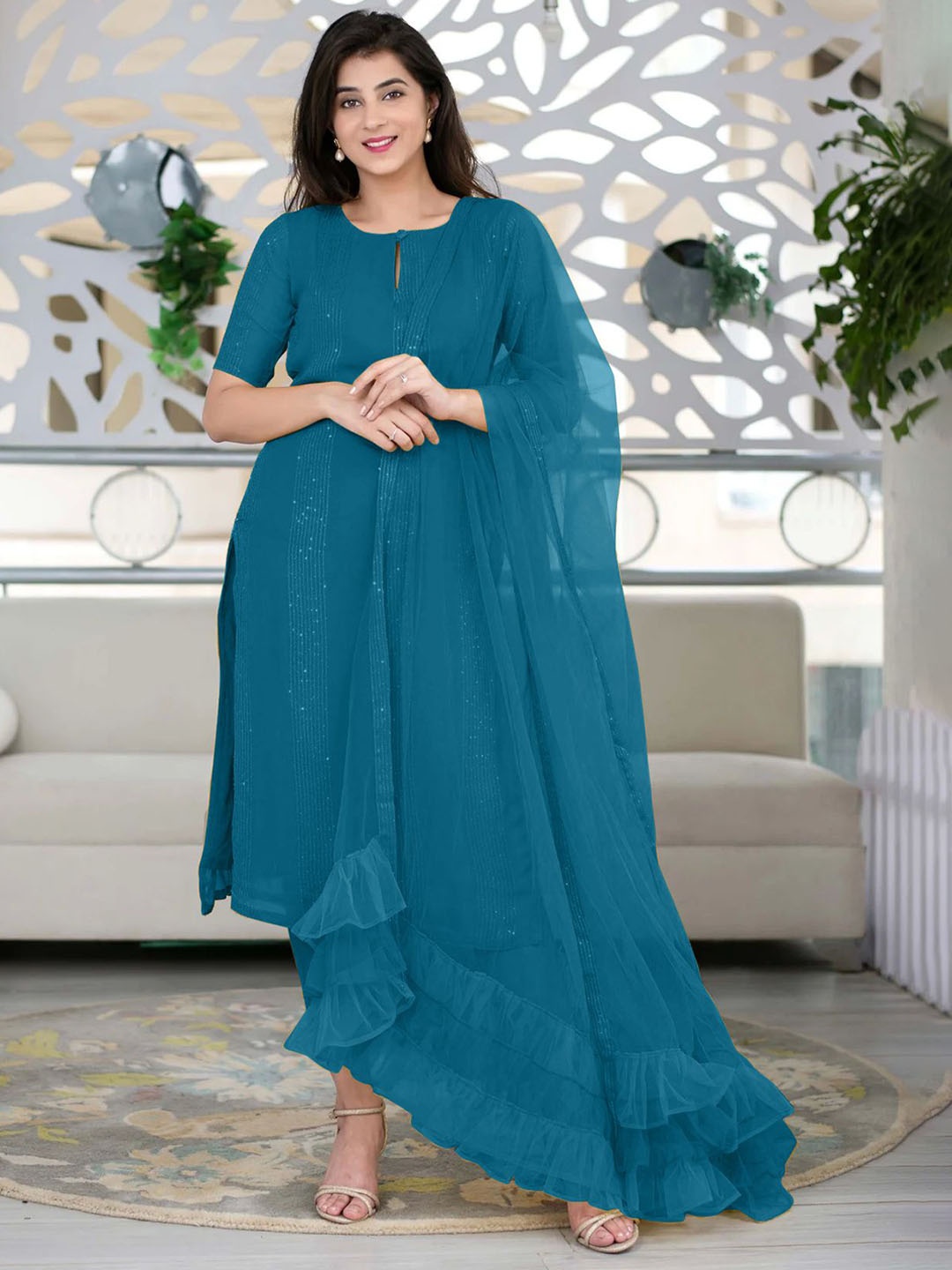 

KALINI Keyhole Neck Sequinned Pleated Straight Kurta With Trousers & Dupatta, Turquoise blue