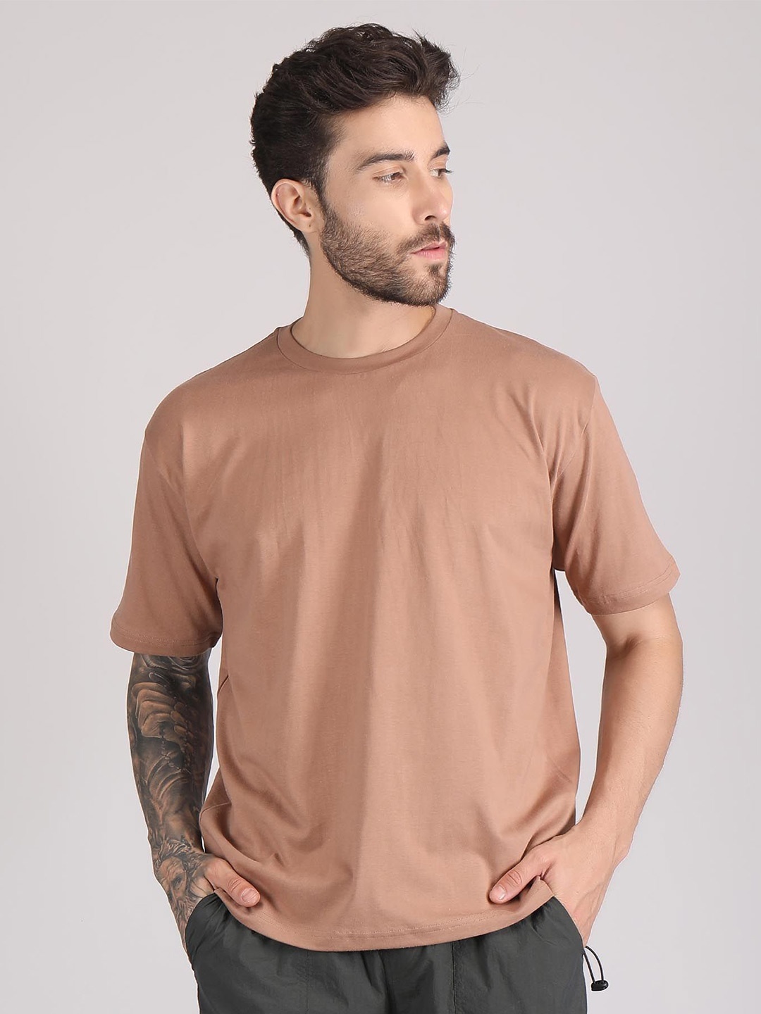 

Raxedo Men Solid Round Neck Cotton T-shirt, Brown