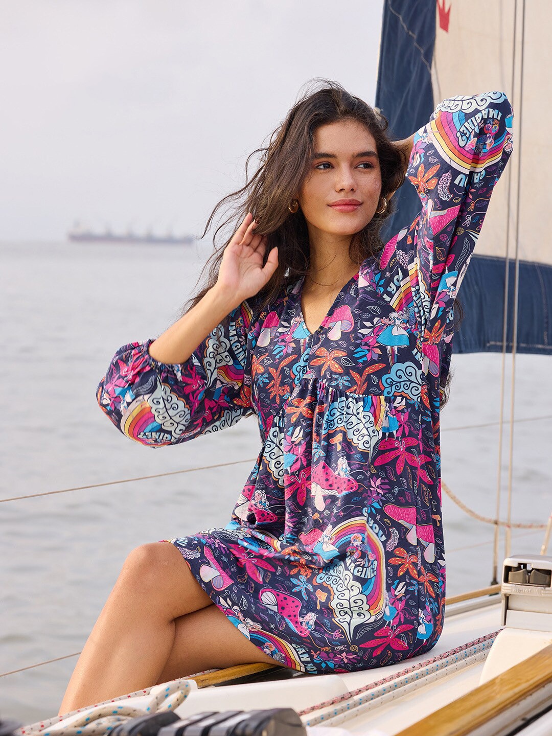 

The Souled Store V-Neck Graphic Print Empire Dress, Navy blue