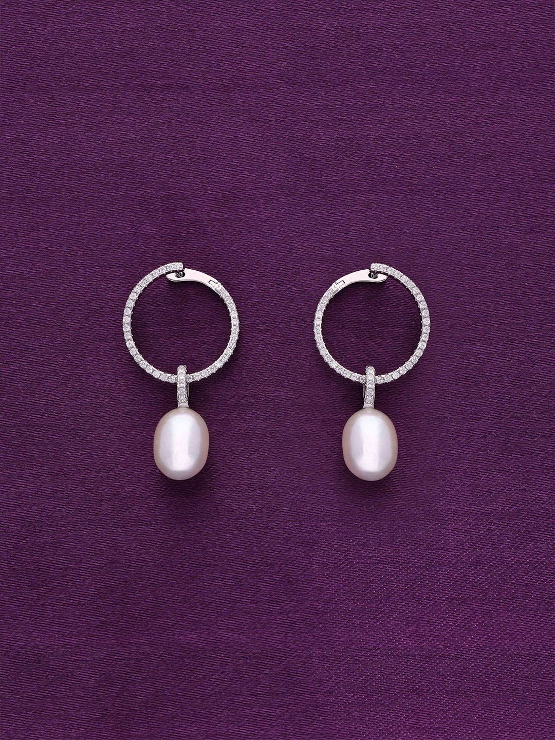 

KAI JEWEL 92.5 Sterling Silver Rhodium-Plated Pearls Beaded Studded Hoops Earrings