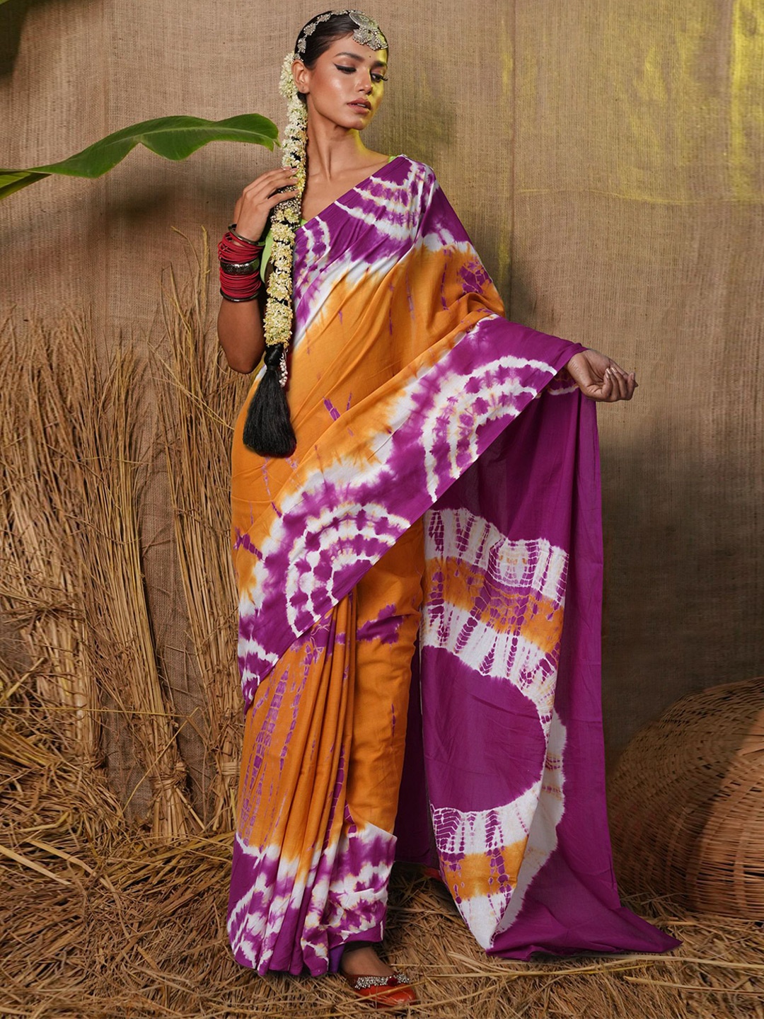 

Unnati Silks s Pure Tie And Dye Shibori Printed Handloom Pure Cotton Saree, Orange
