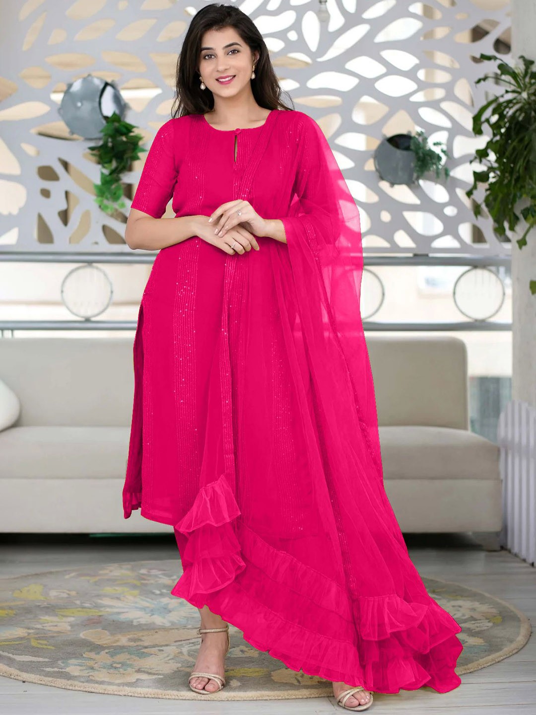 

KALINI Sequinned Embroidered Silk Crepe Kurta with Trousers & Dupatta, Pink