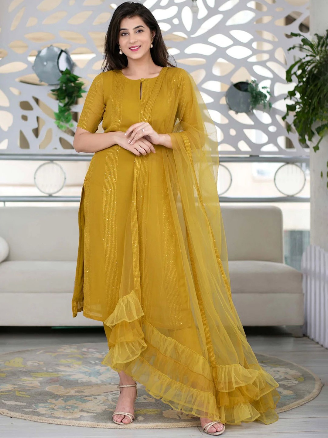 

KALINI Keyhole Neck Pleated Seuinned Silk Crepe Straight Kurta With Trousers & Dupatta, Yellow