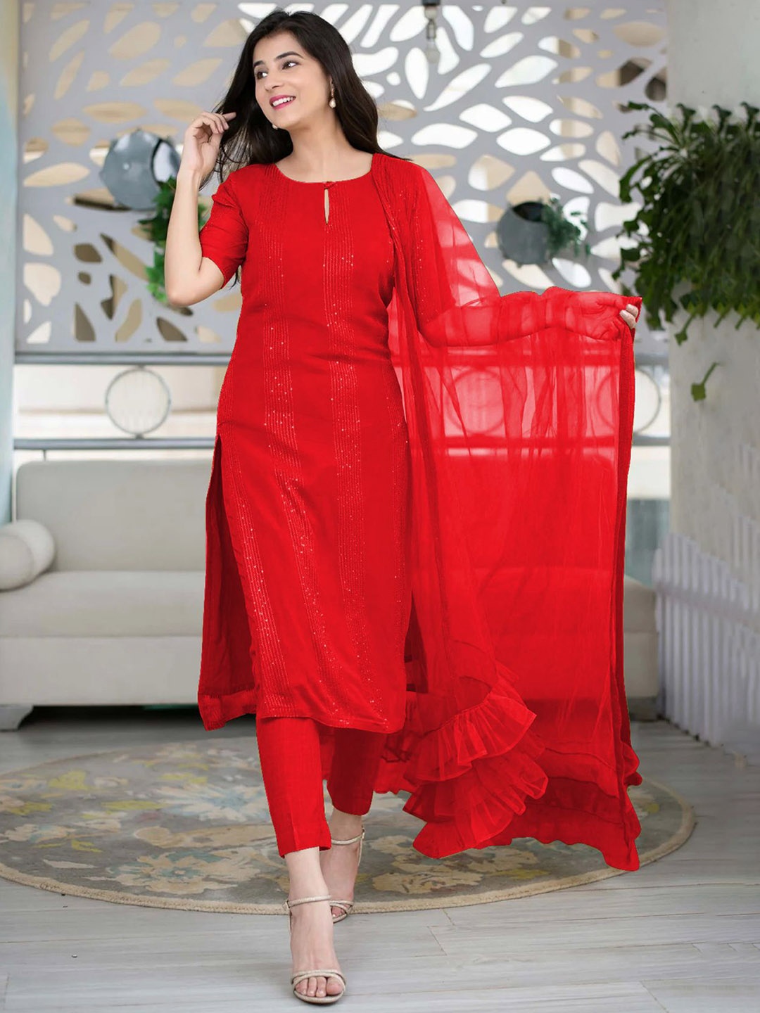 

KALINI Embroidered Straight Sequinned Kurta with Trousers & Dupatta, Red