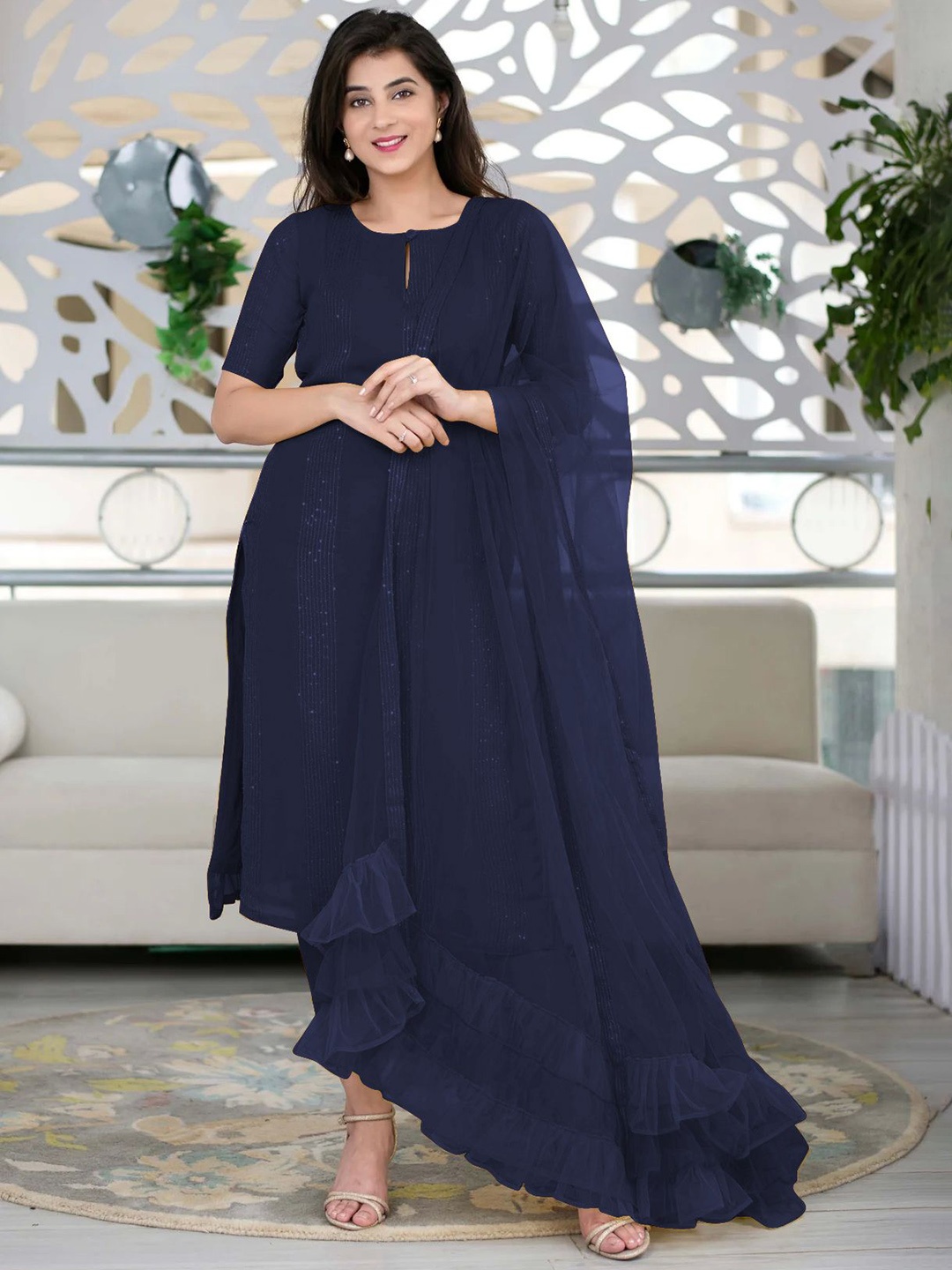 

KALINI Striped Keyhole Neck Regular Kurta with Trousers & Dupatta, Navy blue
