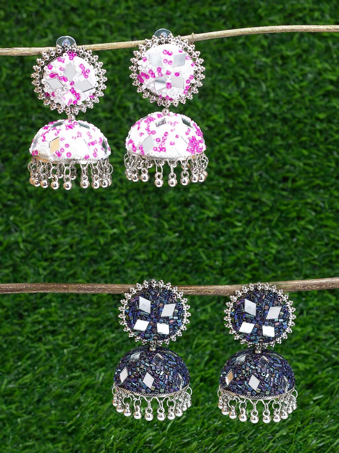 

PRIVIU Set of 2 Silver-Plated Alloy Dome Shaped Artificial Stones and Beads Jhumkas, Pink