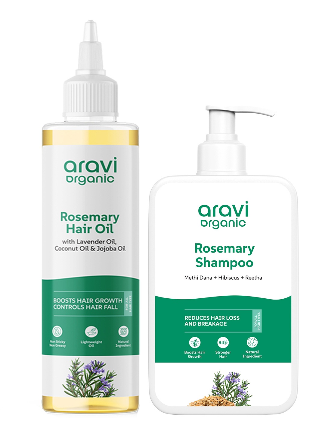 

Aravi Organic Set of 100% Pure Rosemary Hair Oil & Shampoo for Hair Growth & Hairfall, Transparent