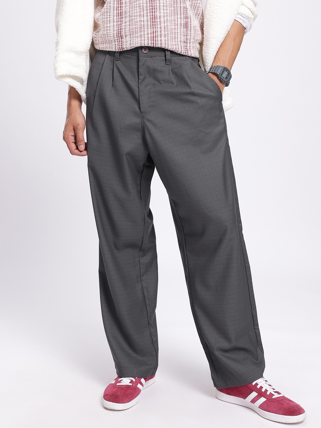 

Kook N Keech Men Minimalist Plaid Trousers, Grey