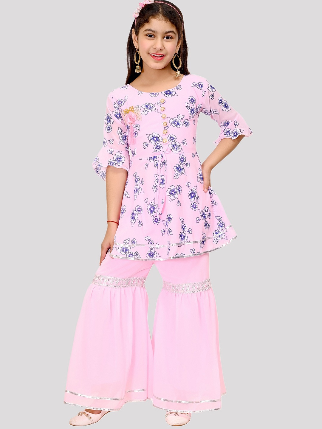 

FNOCKS Girls Floral Printed A-Line Kurti with Sharara, Pink