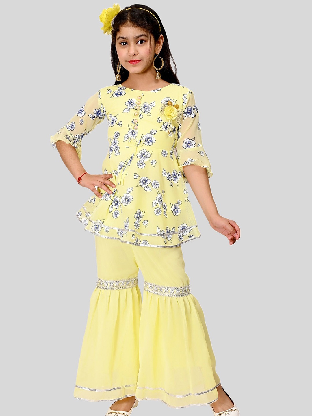 

FNOCKS Girls Floral Printed A-Line Kurti with Sharara, Yellow