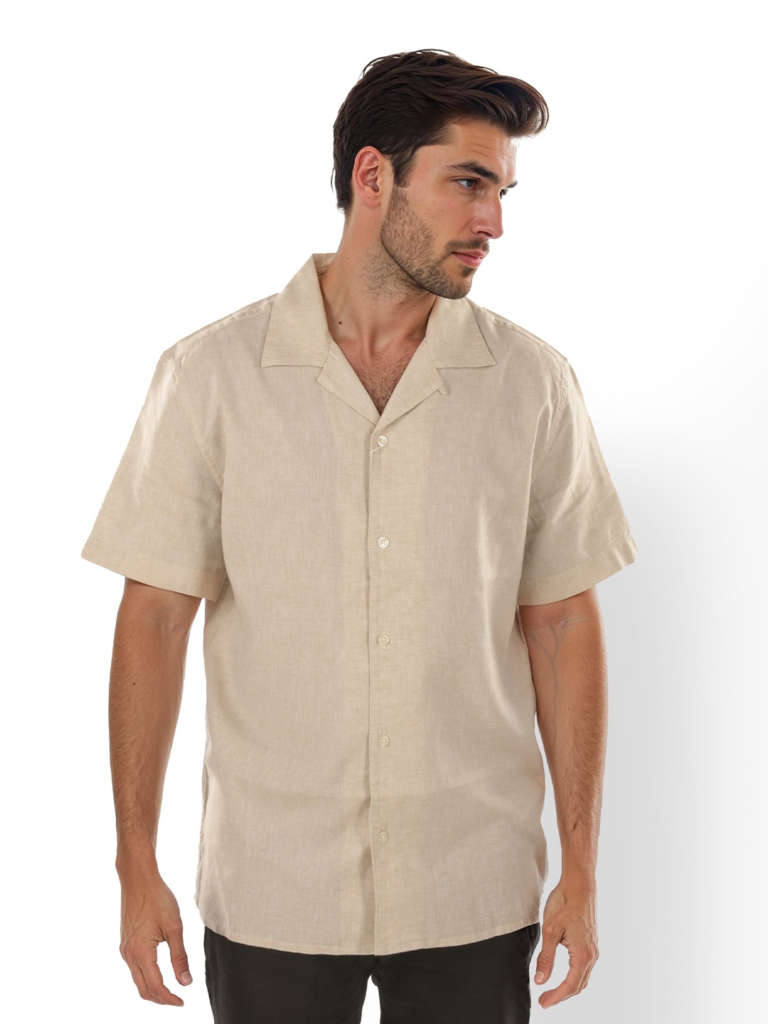 

Celio Men Cuban Collar Solid Casual Shirt, Beige