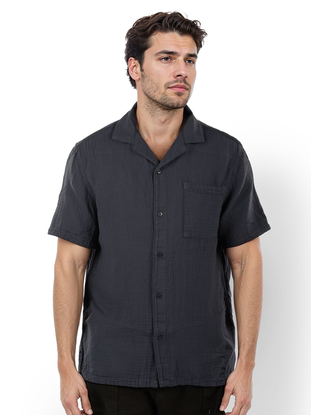

Celio Men Solid Cuban Collar Casual Shirt, Navy blue