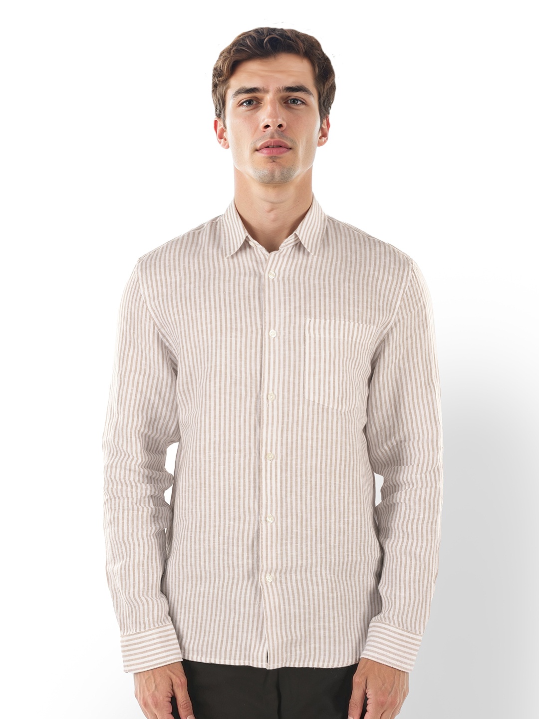 

Celio Men Spread Collar Striped Casual Shirt, Beige