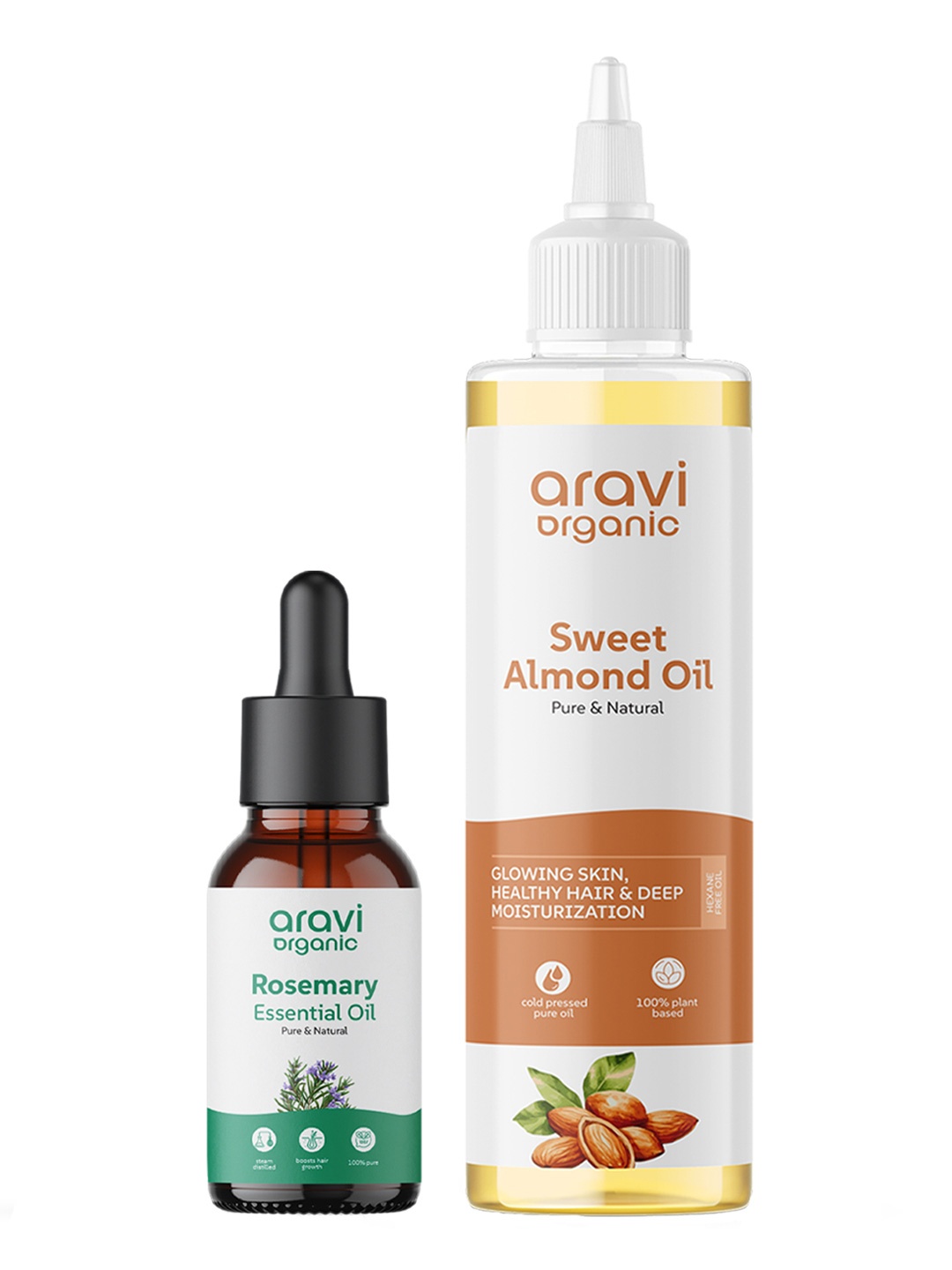 

Aravi Organic Set of 2 Cold Pressed Almond Hair Oil 200ml & Rosemary Essential Oil 15ml, Transparent