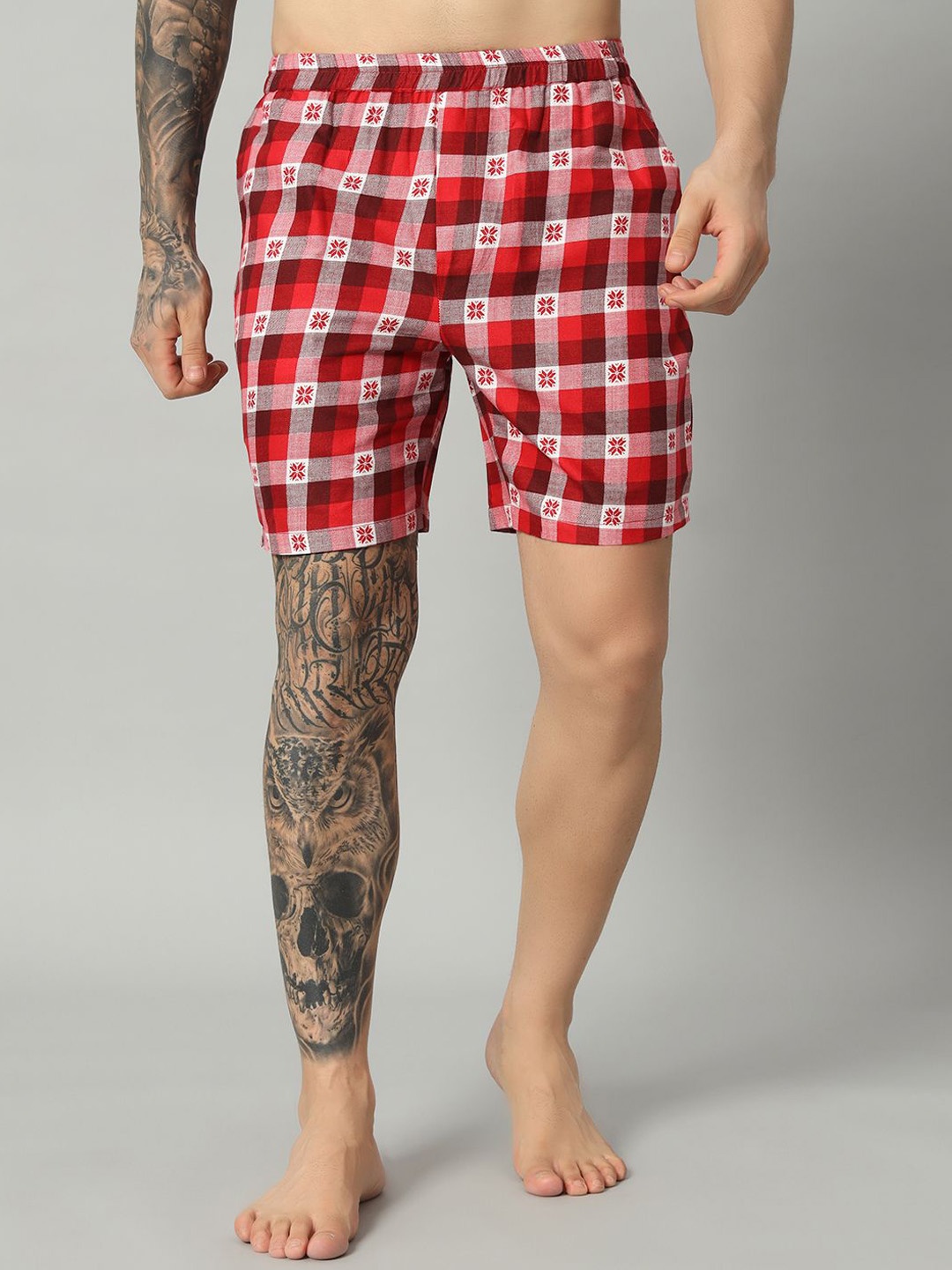 

OWO THE LABEL Men Checked Relaxed Fit Organic Cotton Boxer Shorts, Red