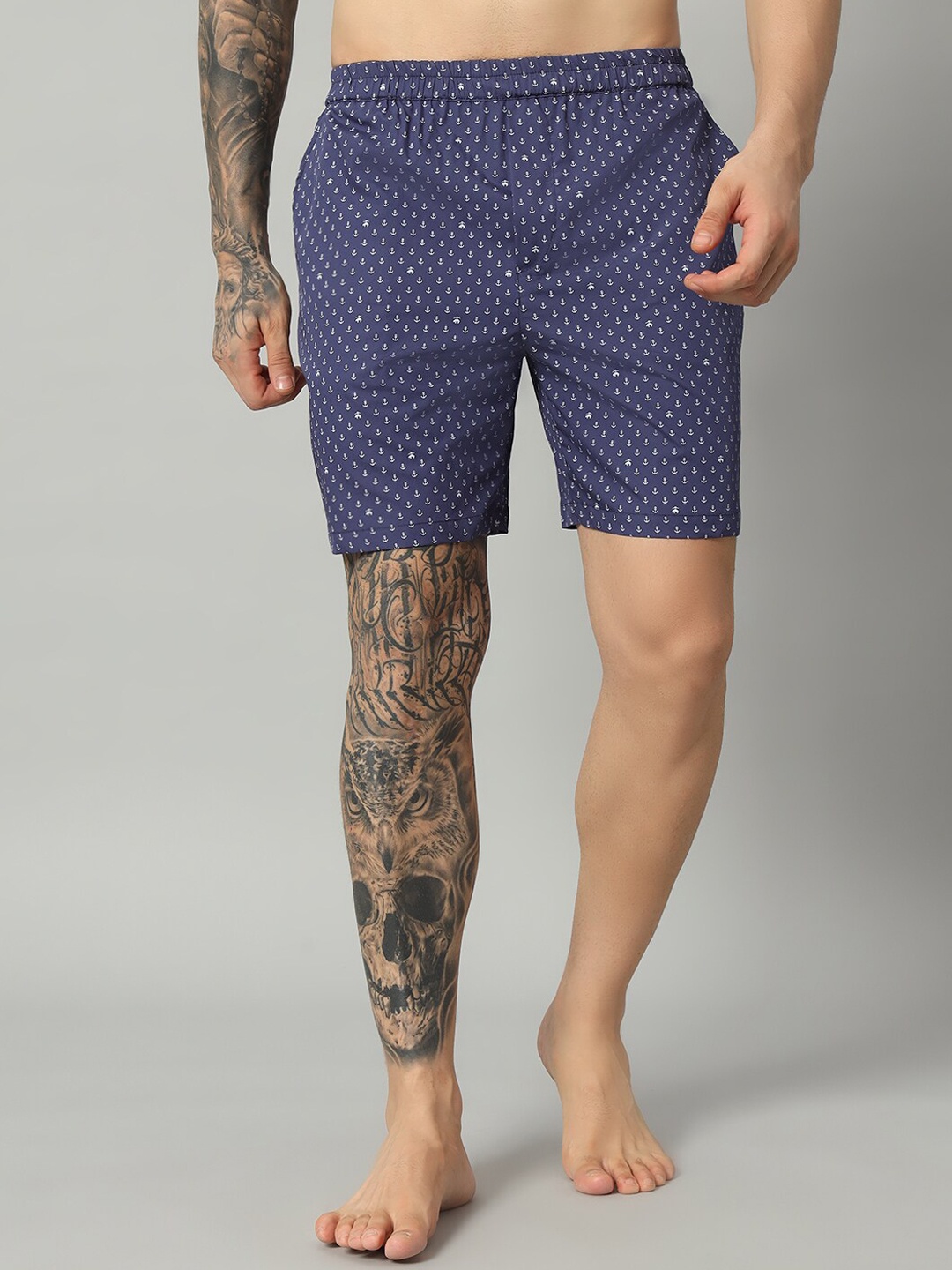 

OWO THE LABEL Men Floral Print Pure Cotton Relaxed Fit Boxer Shorts, Blue