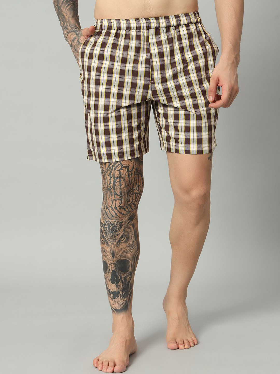 

OWO THE LABEL Men Checked Pure Cotton Pocket Side Zip Boxer Shorts, Yellow