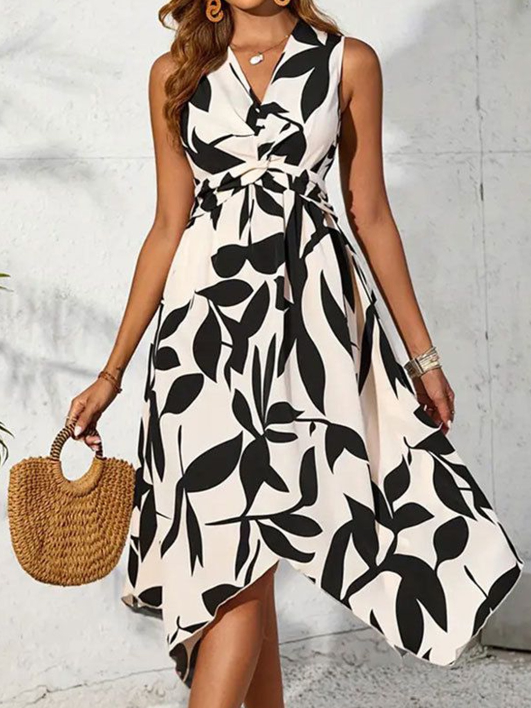 

StyleCast Print V-Neck Fit and Flare Midi Dress, Off white