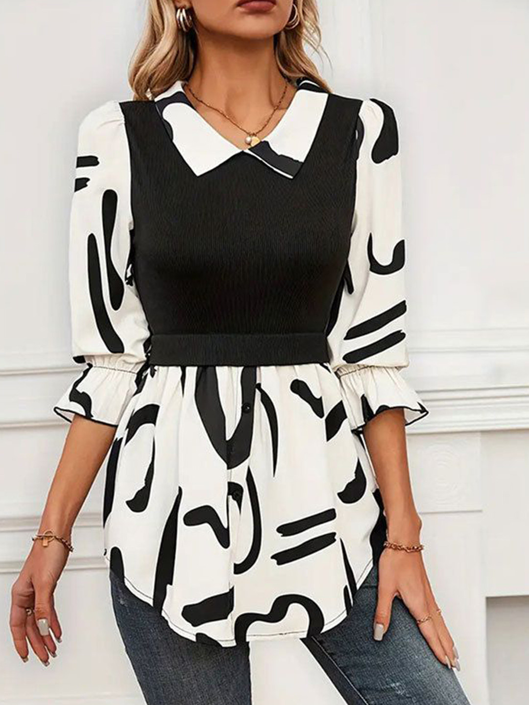 

StyleCast Abstract Printed Shirt Collar Top, White