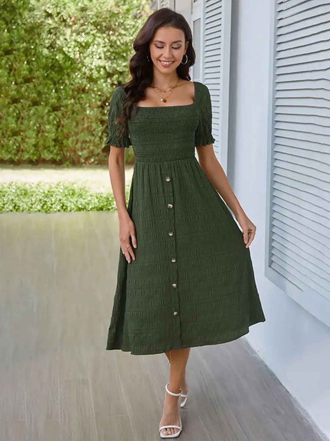 

StyleCast Women Striped Fit & Flare Midi Dress, Olive