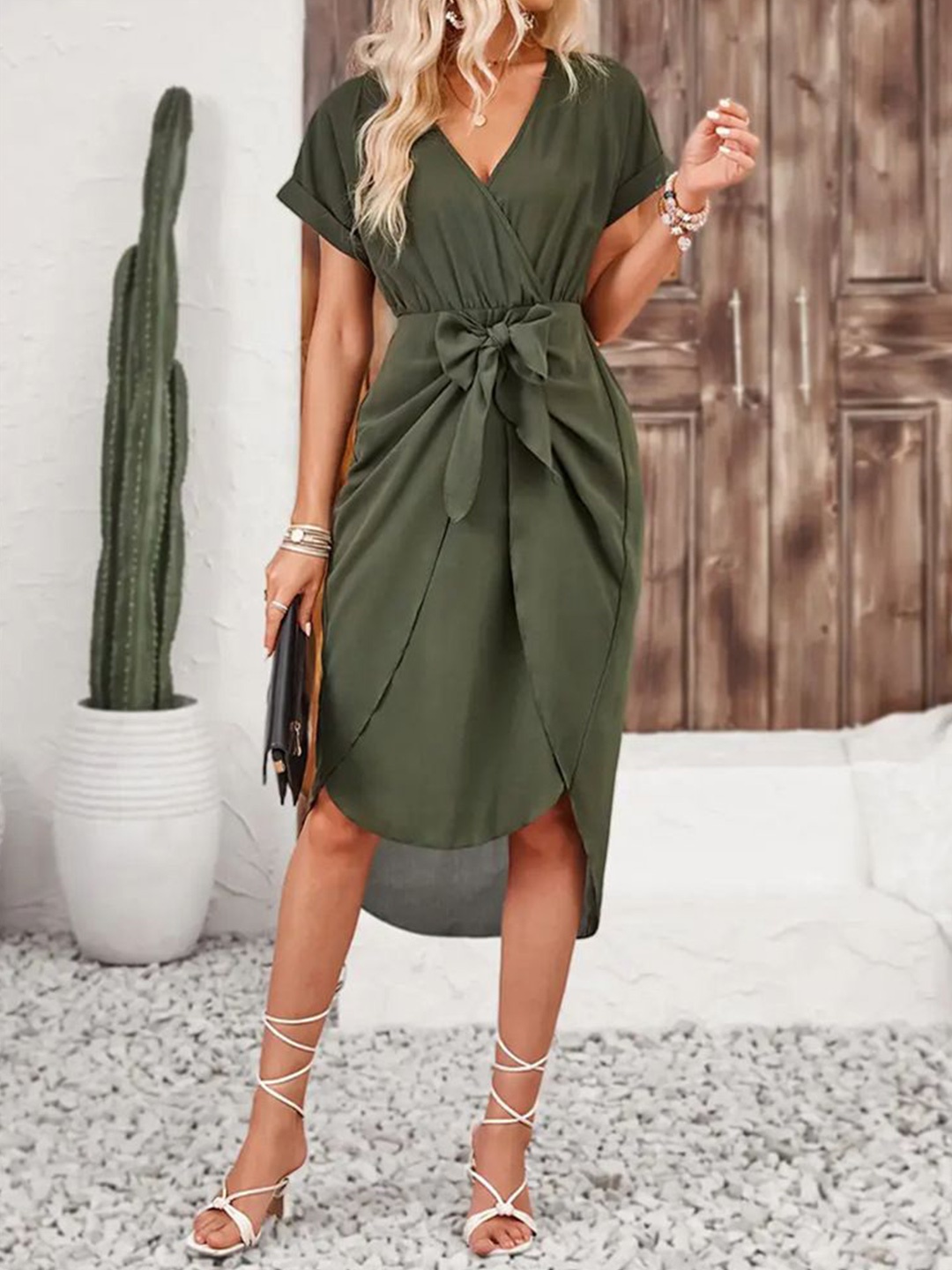 

StyleCast Women Wrap Cap Sleeves Dress, Olive