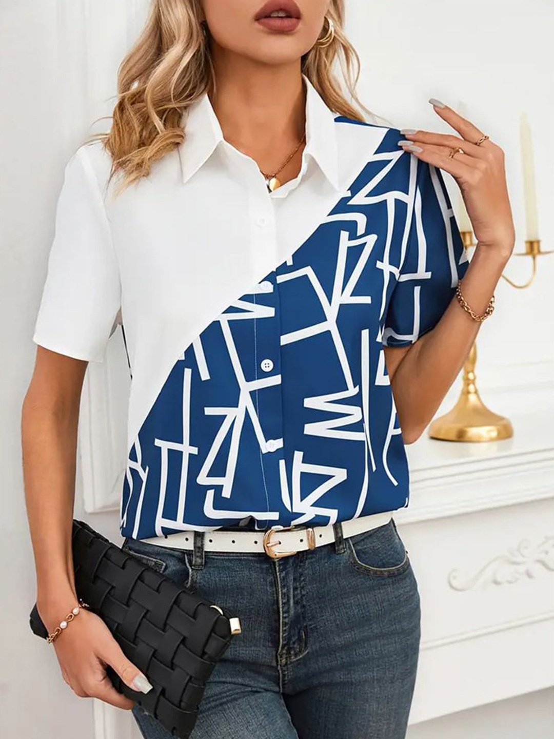 

StyleCast Women Typography Printed Spread Collar Shirt, Blue