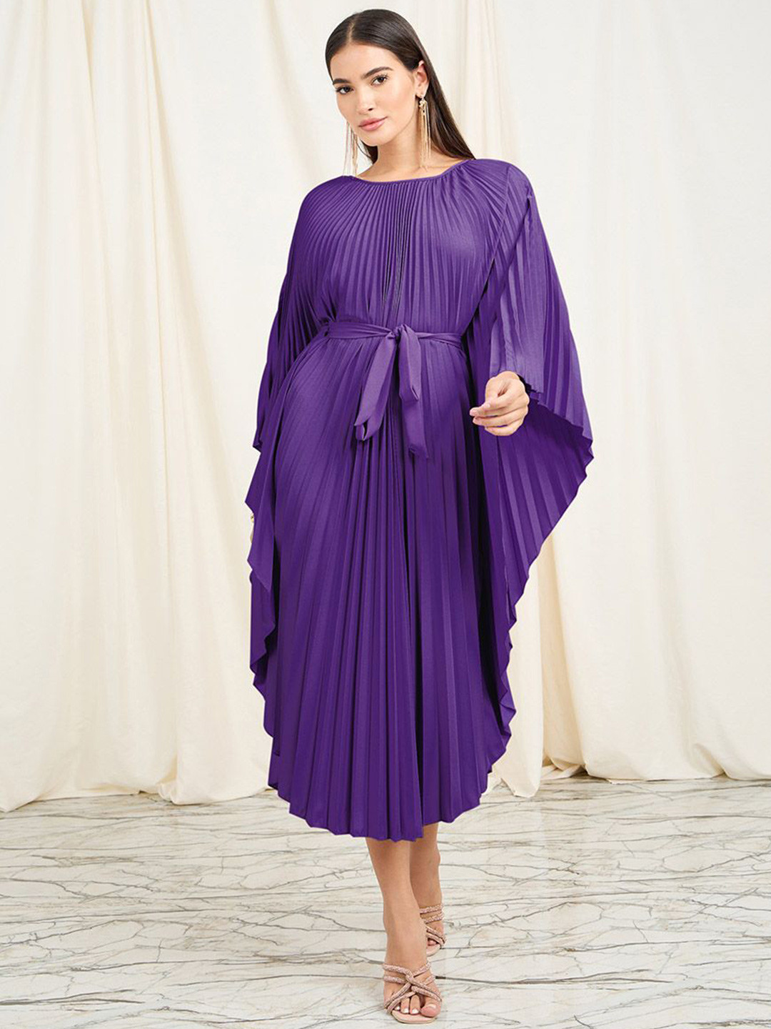 

Styli Accordion Pleats Tie Up Detail Flared Sleeve Kaftan Midi Dress, Purple