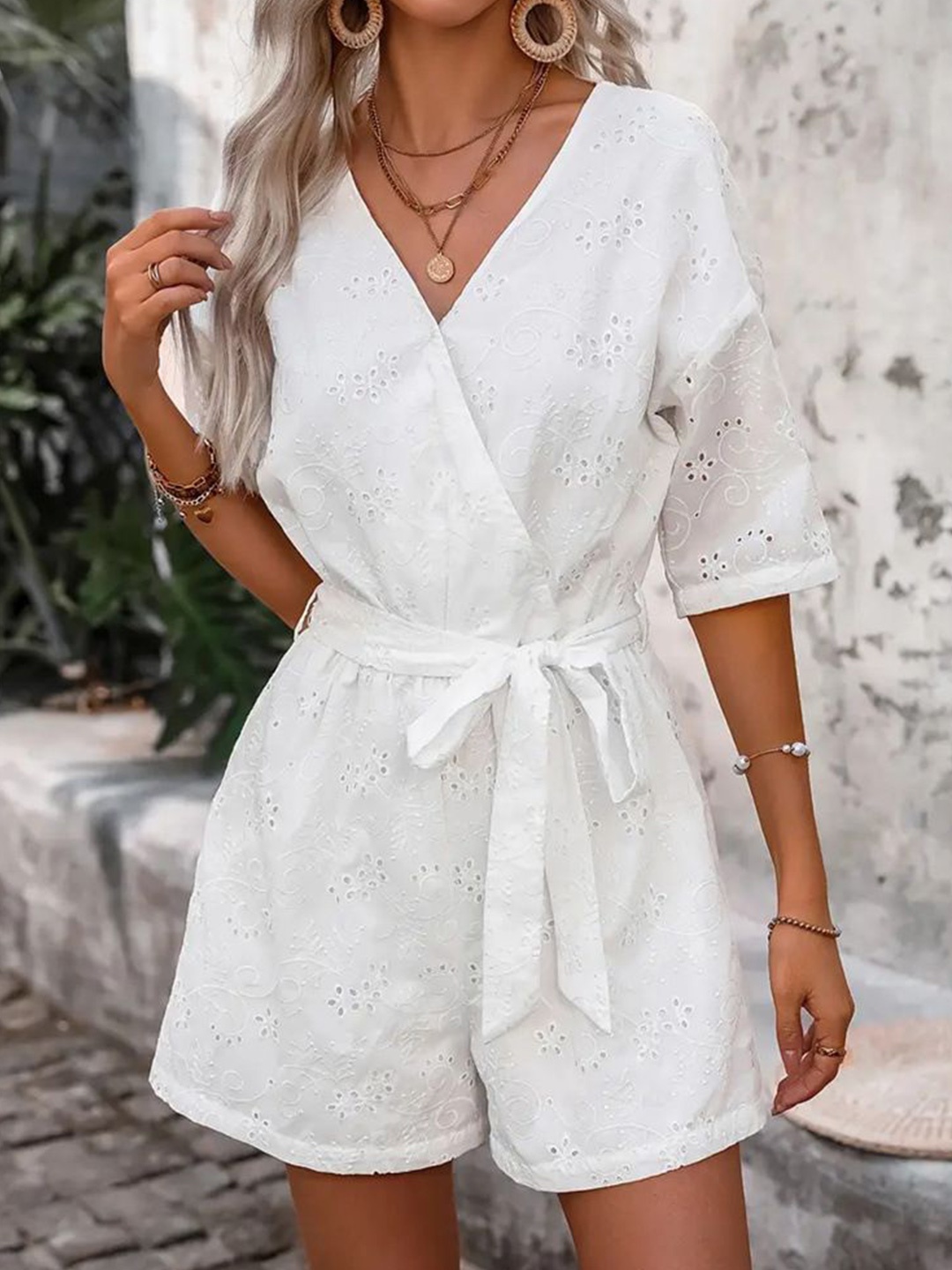 

StyleCast White Schiffli Self Design V-Neck Waist Tie-Ups Playsuit