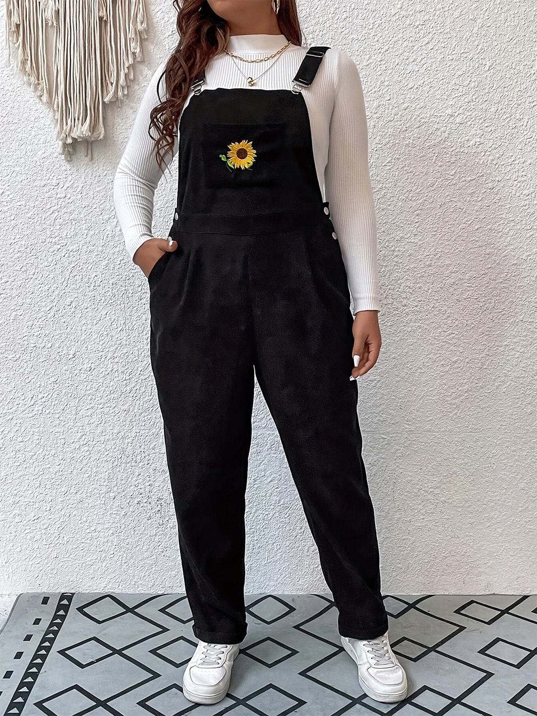 

StyleCast Black Embroidered Cotton Dungarees