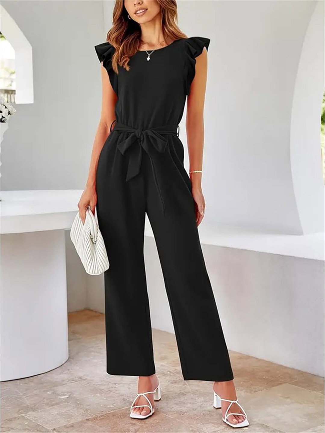

StyleCast Black Flutter Sleeves Waist Tie-Ups Basic Jumpsuit