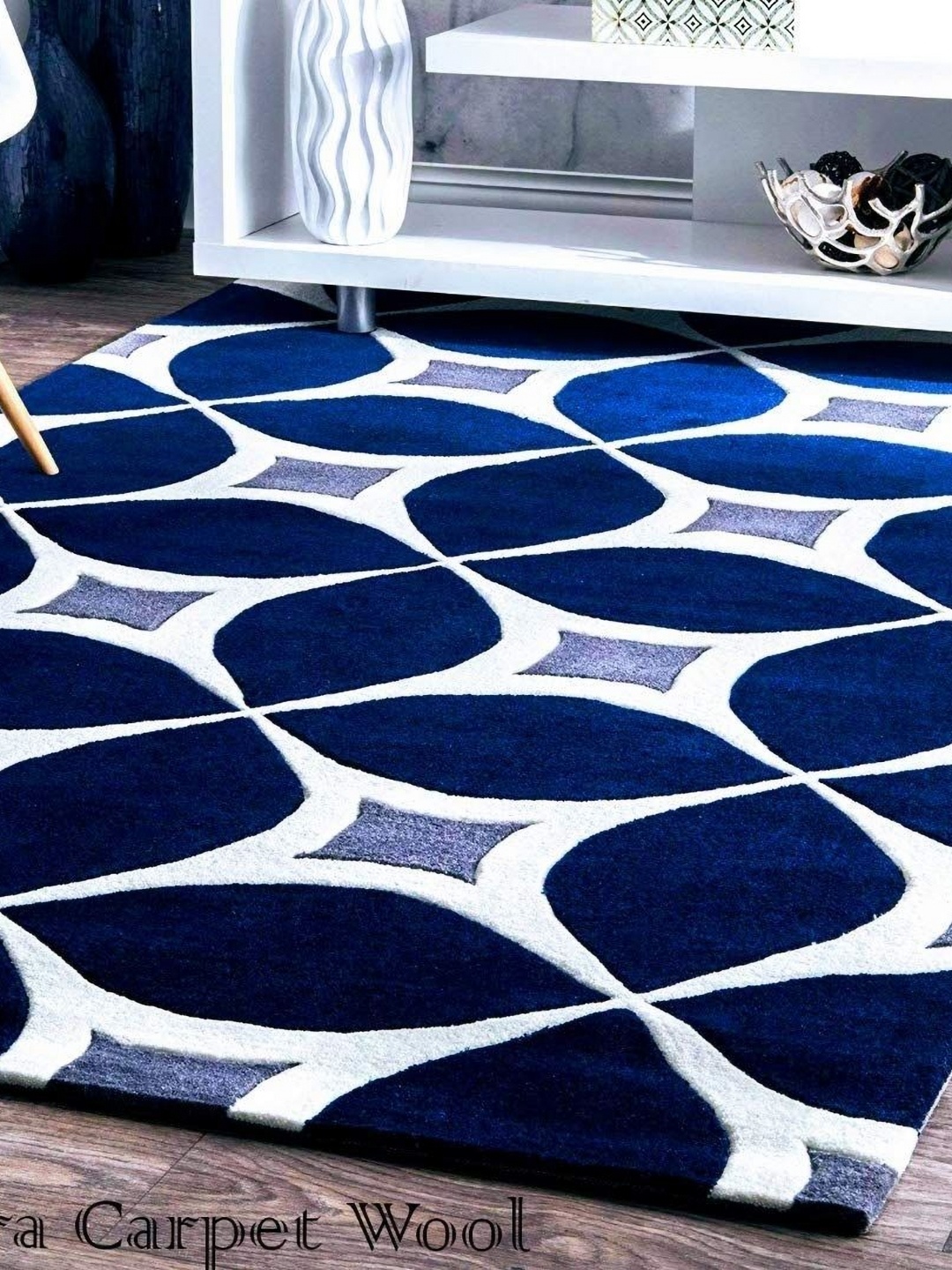 

IMRA CARPET Blue & White Geometric Rectangle Shaggy Woollen Carpet