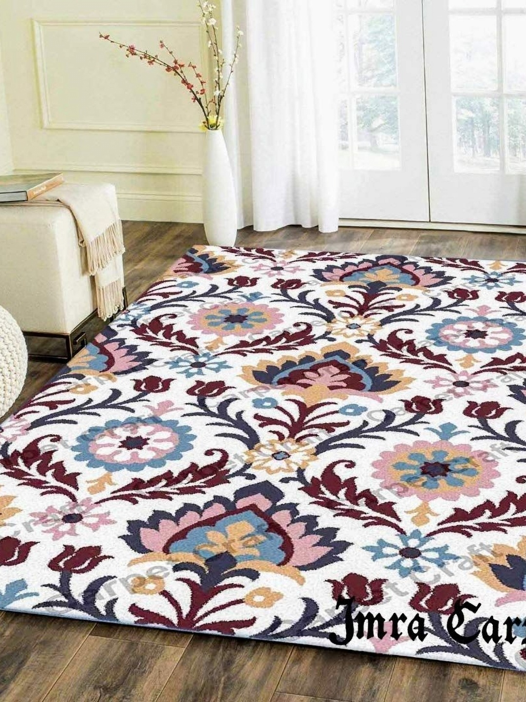 

IMRA CARPET White Floral Woollen Shaggy Carpet