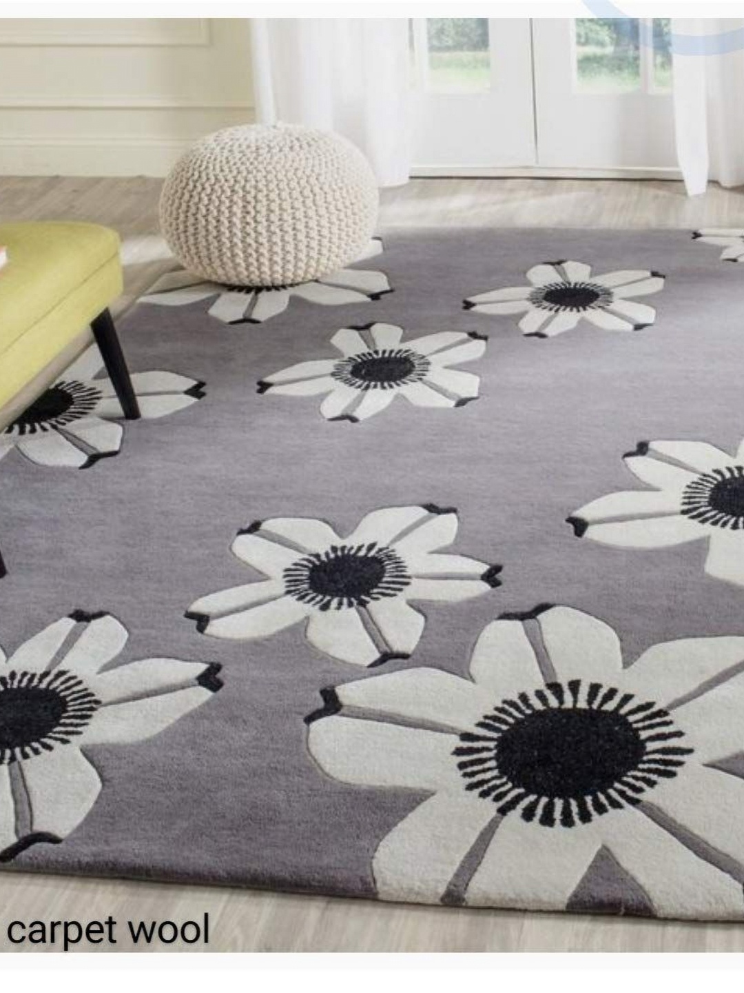 

IMRA CARPET Grey & White Floral Rectangle Shaggy Woollen Carpet