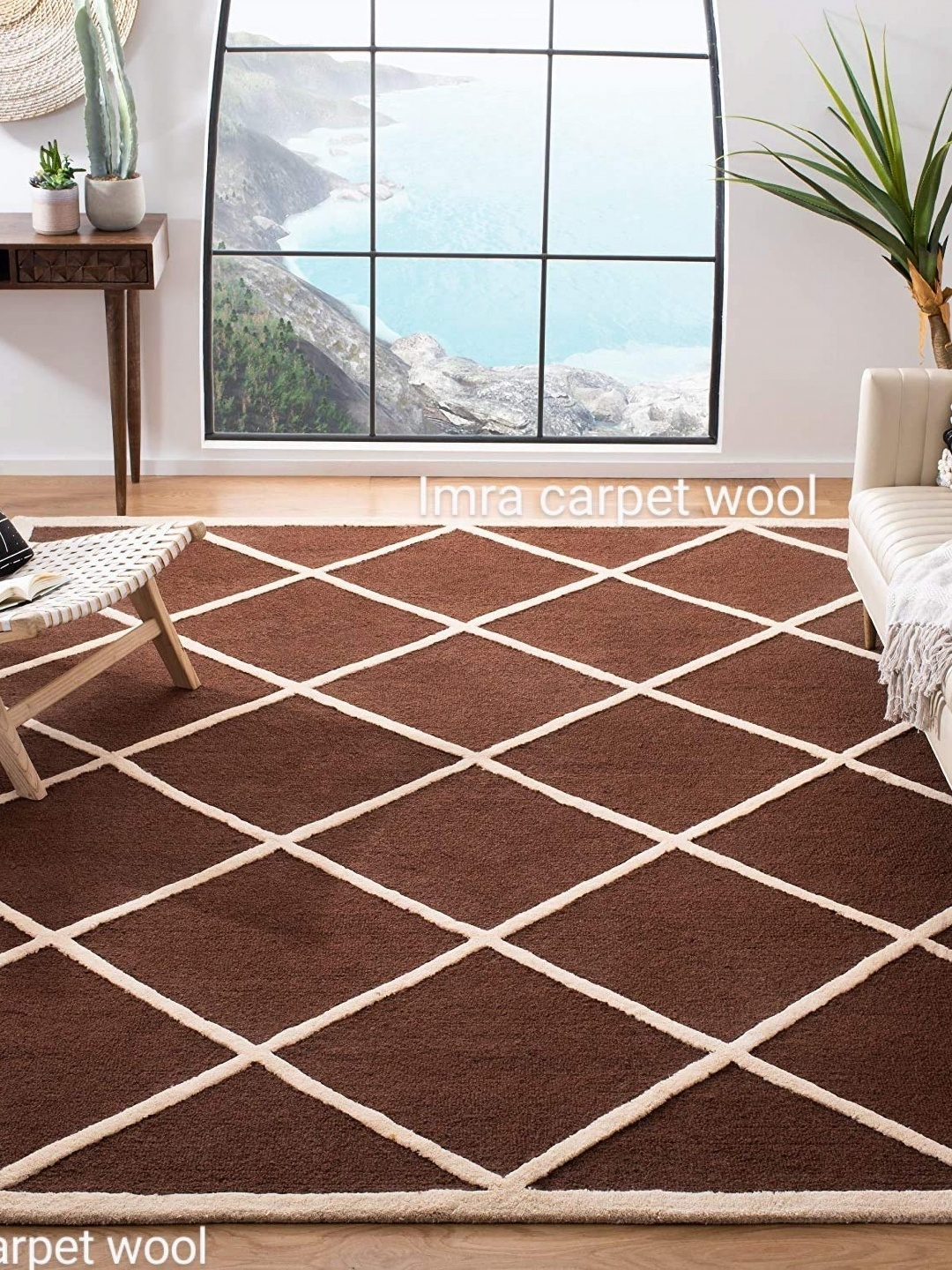 

IMRA CARPET Brown & Cream Geometric Rectangle Anti-Skid Shaggy Woollen Carpet