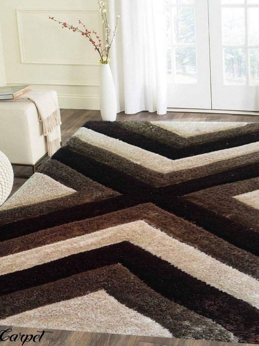 

IMRA CARPET Brown Geometric Anti-Skid Shaggy Carpet