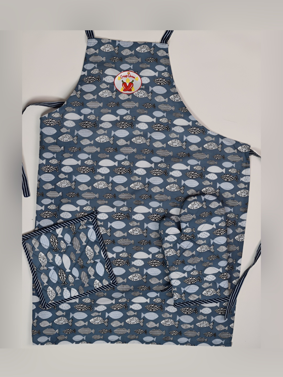 

MAATIR DESIGNS Blue & Grey 3Pieces Printed Cotton Apron Set