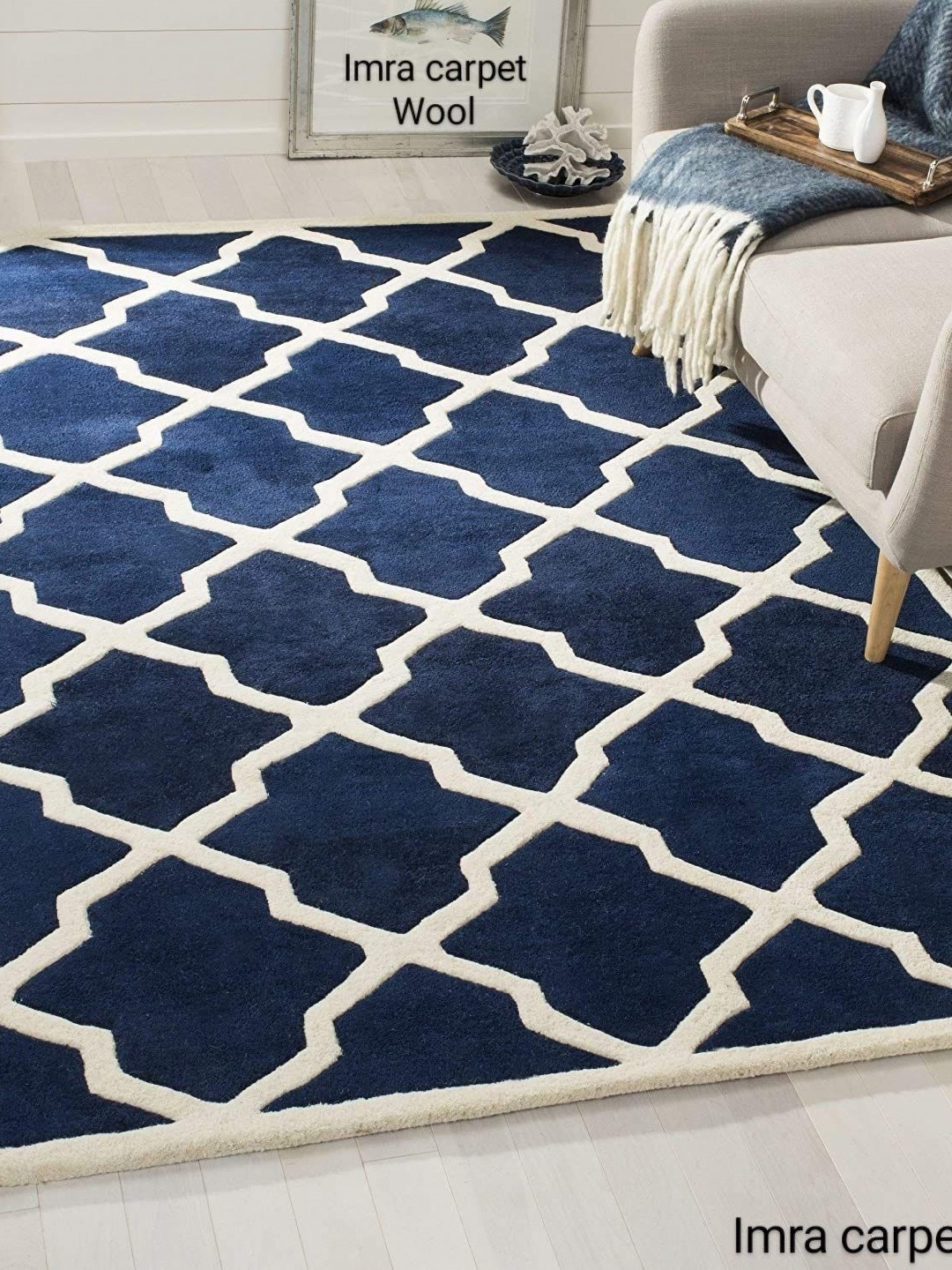 

IMRA CARPET Blue Geometric Anti-Skid Woollen Carpet