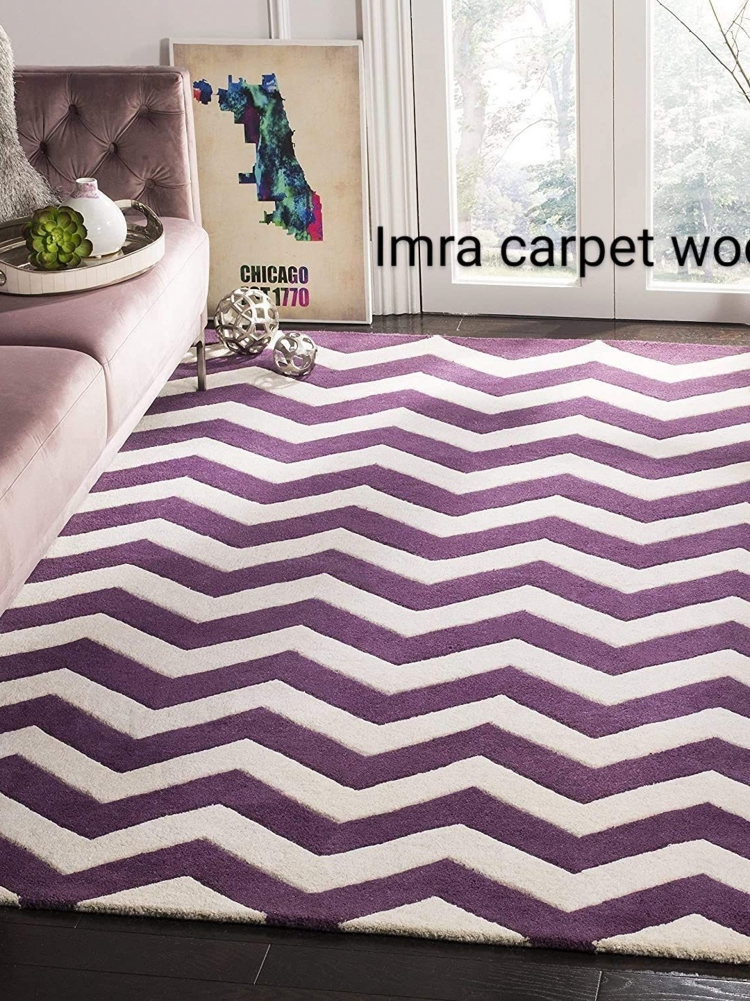 

IMRA CARPET Purple & Cream Geometric Rectangle Anti-Skid Shaggy Woollen Carpet