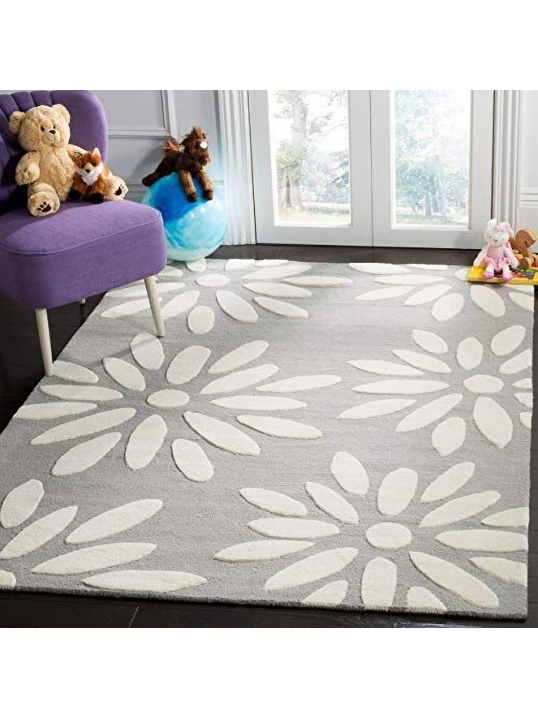 

IMRA CARPET Grey Floral Woollen Shaggy Carpet