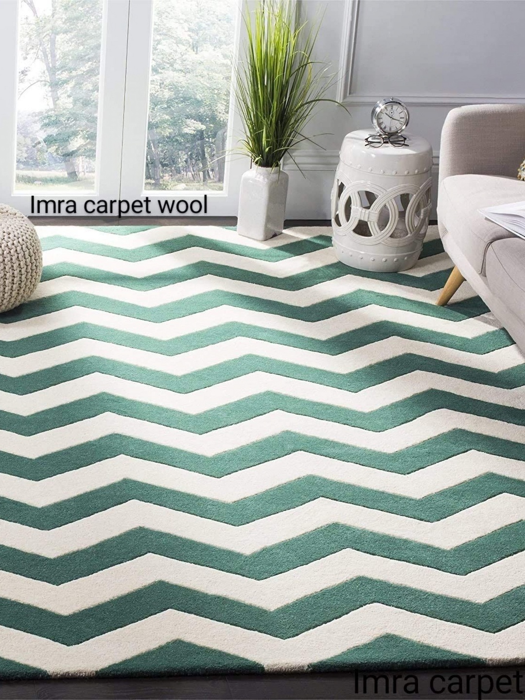 

IMRA CARPET White & Green Geometric Woollen Carpet