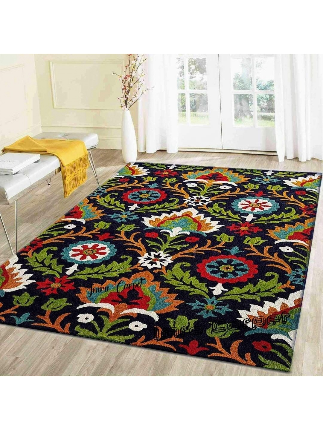 

IMRA CARPET Blue & Green Ethnic Motifs Rectangle Anti-Skid Woollen Shaggy Carpet